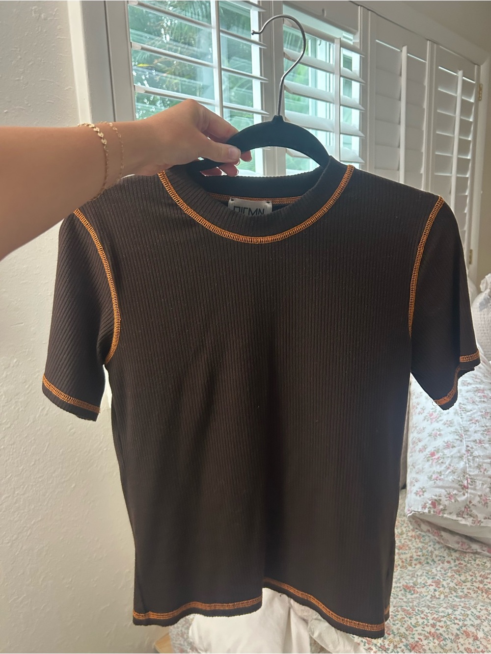 Phlemuns Brown Ribbed Cut Out Back Tee with Orange Contrast Stitching